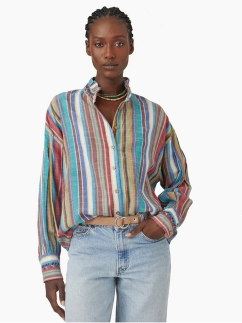 Xirena Charley shirt in a "Painted Sunset" multi-color stripe pattern.